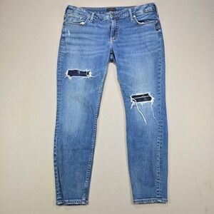 Silver Jeans Co Elyse Skinny Distressed Lace Patch Blue Denim Womens W34 L29